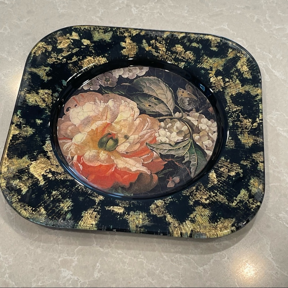 Vintage Signed Lesley Roy Gold Aventurine Lepidoptera Butterfly & Flowers Plate - Picture 7 of 7